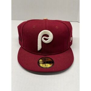New Era 59FIFTY Philadelphia Phillies Fitted Hat 7 5/8 Maroon Wool STAINED BRIM